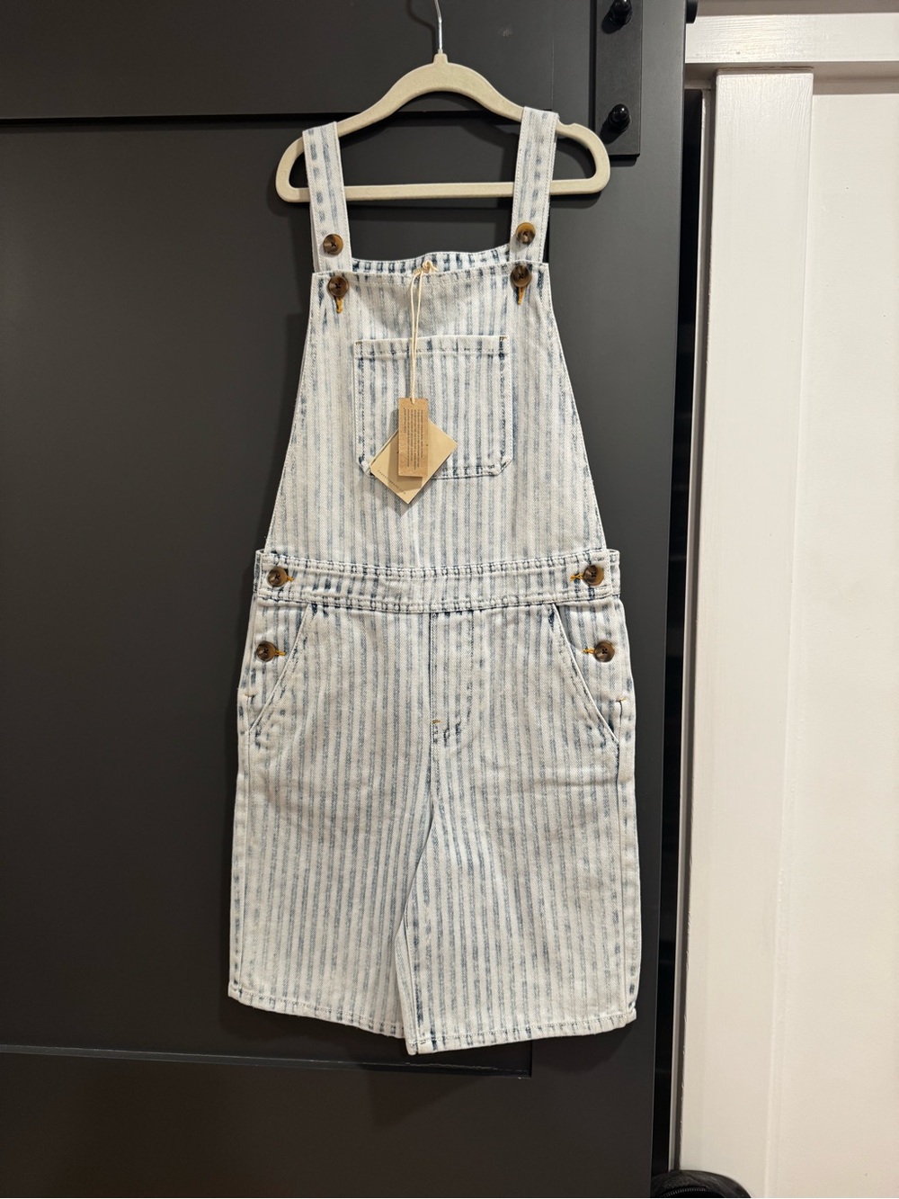 Faherty Blue & White Striped Denim Short Overalls